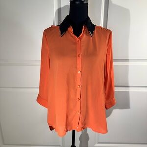 Tea n rose Orange Button-Down Blouse with Black Collar Medium